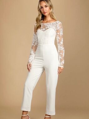 Lulus Write Your Own Romance White Embroidered Long Sleeve Jumpsuit M